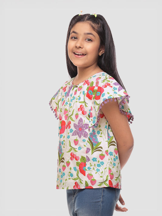 Girls Floral Print Cotton Top