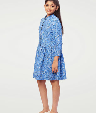 Girls Shirt Style Long Sleeves Dress in Cotton Twill