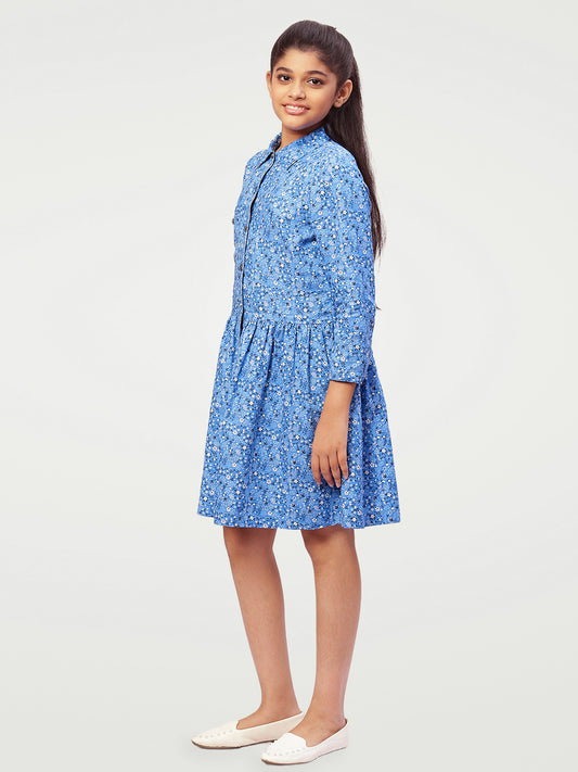 Girls Shirt Style Long Sleeves Dress in Cotton Twill