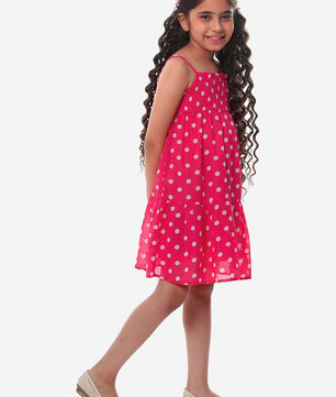 Girls Pink Polka Dotted Tiered Dress