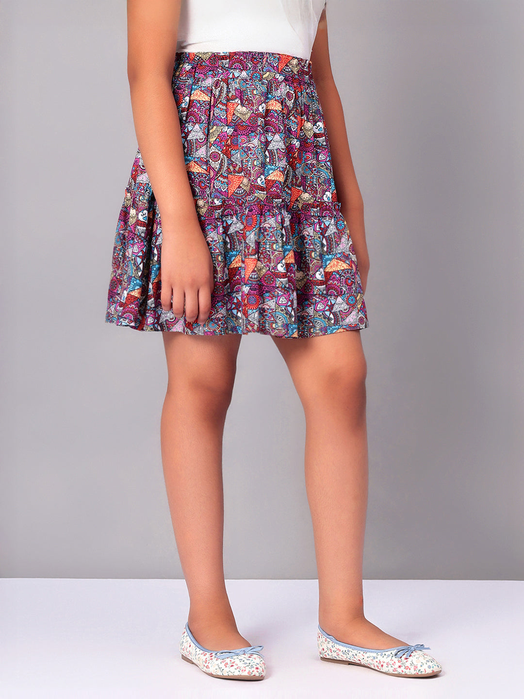 Girls Tiered Skirt in Printed Viscose Rayon