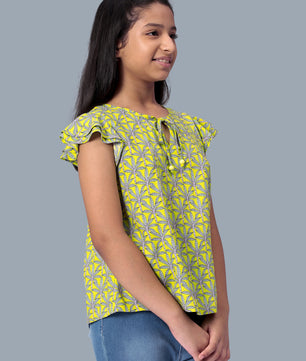 Girls Lemon Yellow Printed Cotton Top