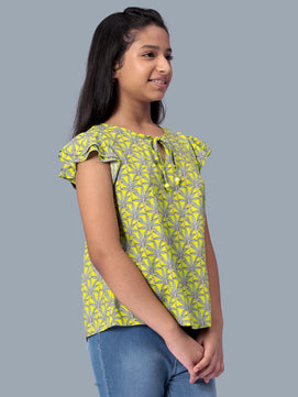Girls Lemon Yellow Printed Cotton Top