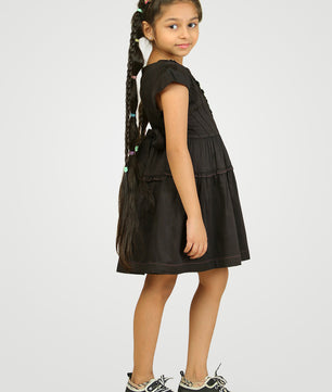 Girls Black Cotton Satin Dress