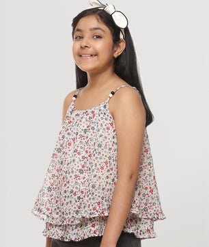 Girls White Printed Georgette Top