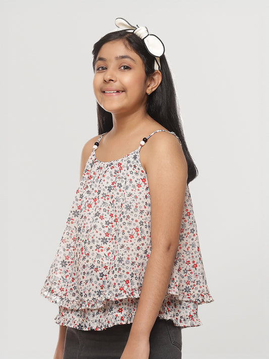 Girls White Printed Georgette Top