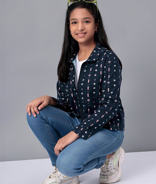 Girls Navy Blue Printed Flannel Jacket