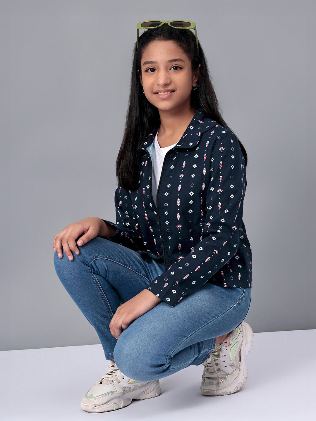 Girls Navy Blue Printed Flannel Jacket