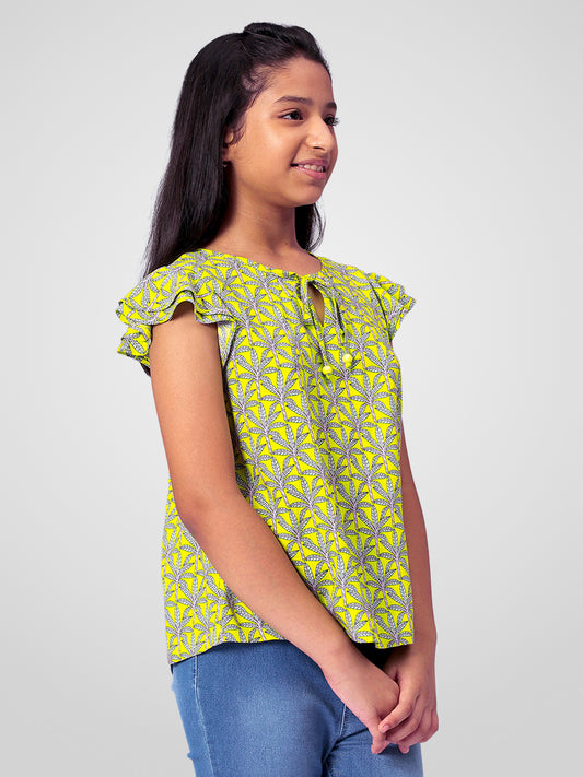 Girls Lemon Yellow Printed Cotton Top