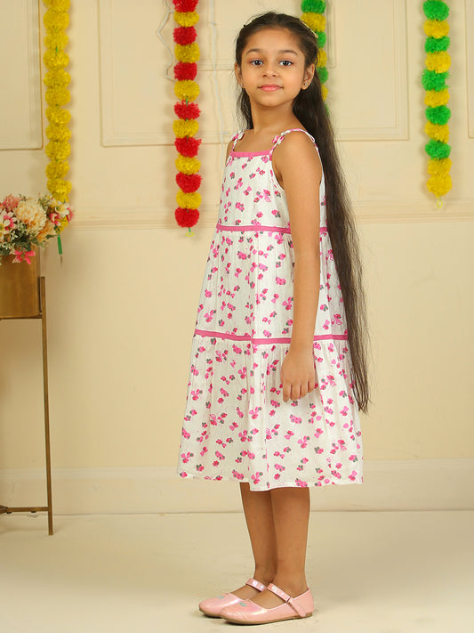 Girls Tiered Midi Dress in Printed Rayon Fabric