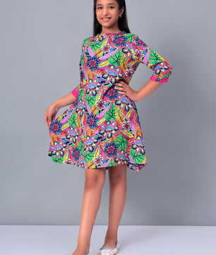 Girls Multicolored Printed Rayon Dress