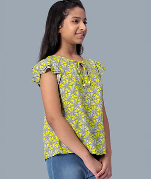 Girls Lemon Yellow Printed Cotton Top