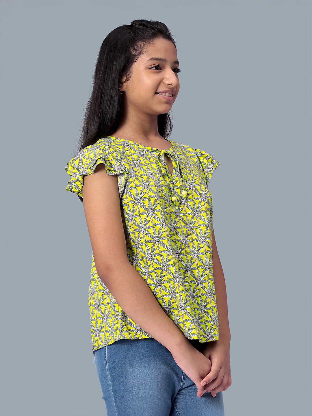 Girls Lemon Yellow Printed Cotton Top