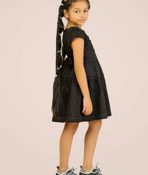 Girls Black Cotton Satin Dress