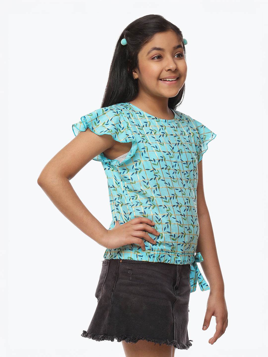 Girls Blue Printed Cotton Top