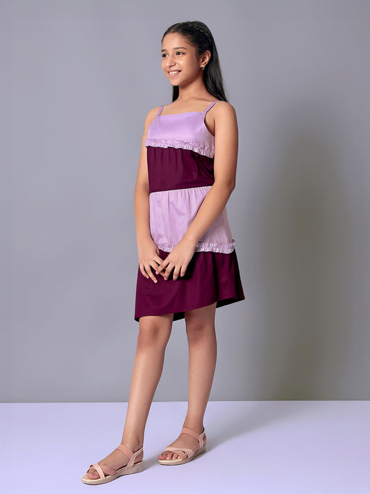 Girls Color Blocked Dress in Glazed Cotton