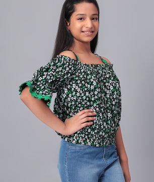 Girls Bardot Top in Green and Black Printed Rayon