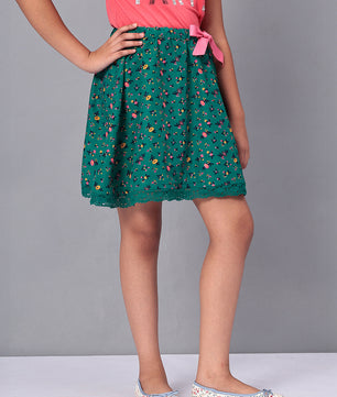 Girls Green Printed Flared Skirt