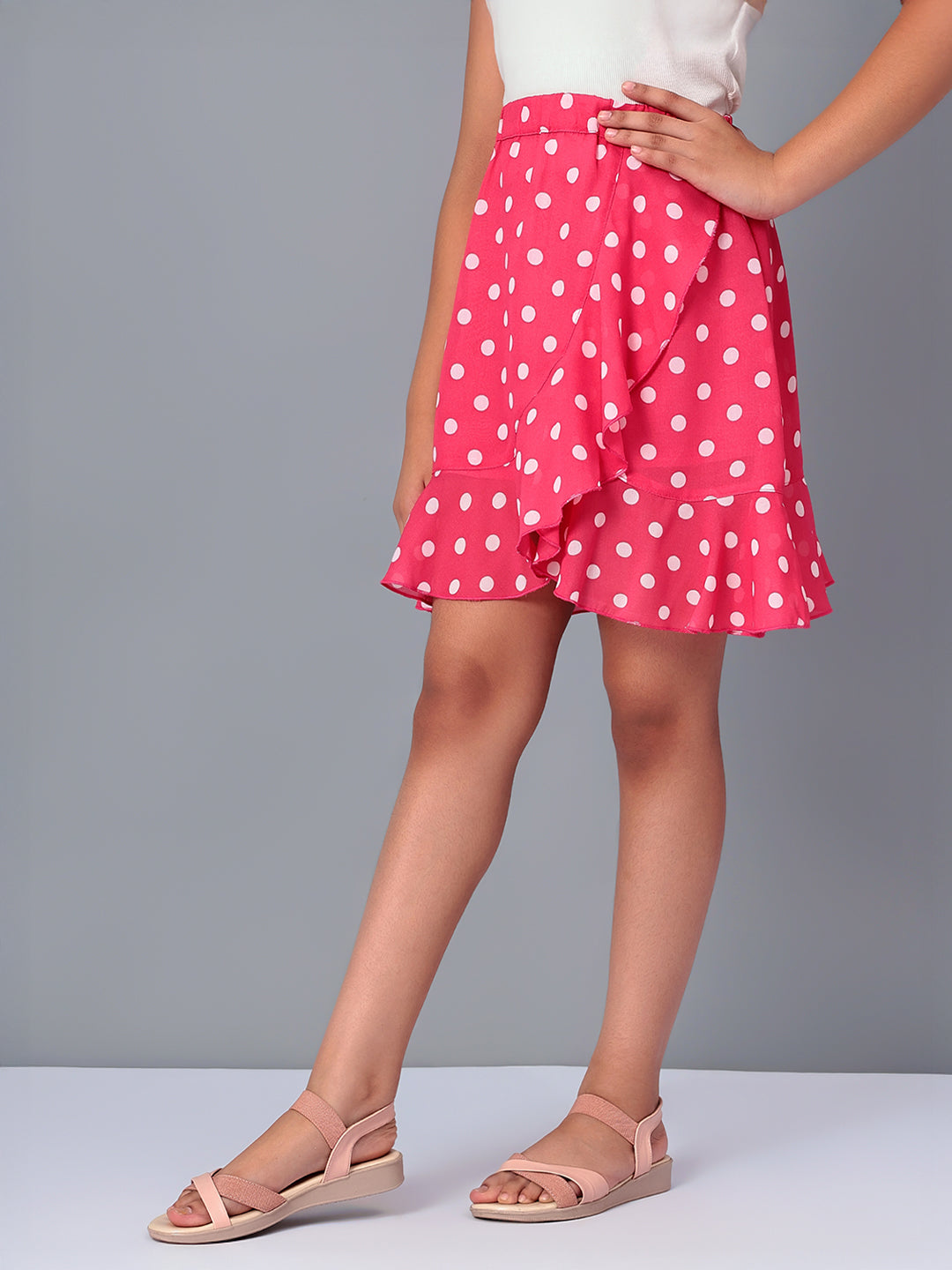 Girls Pink Polka Dotted Georgette Skirt