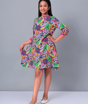 Girls Multicolored Printed Rayon Dress
