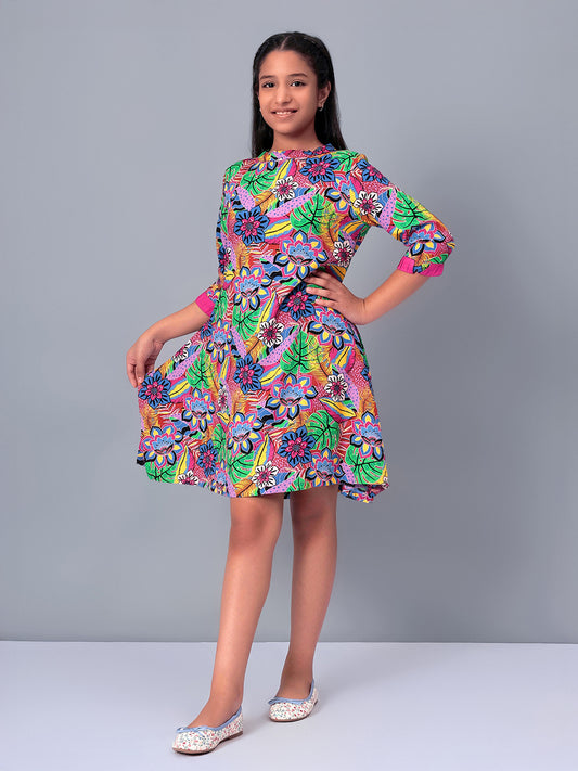 Girls Multicolored Printed Rayon Dress