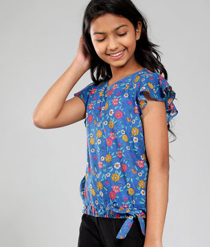 Girls Blue Printed Cotton Top