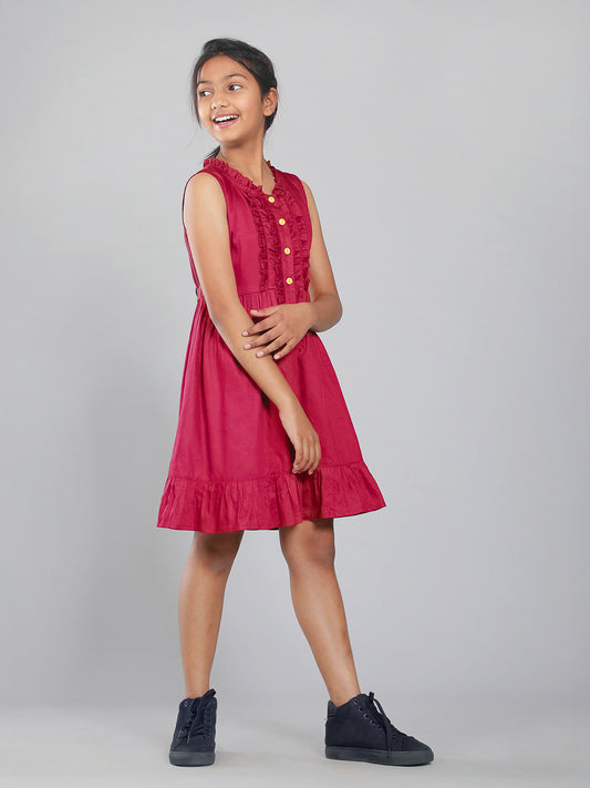 Girls Cotton Satin Dress in Wine Color