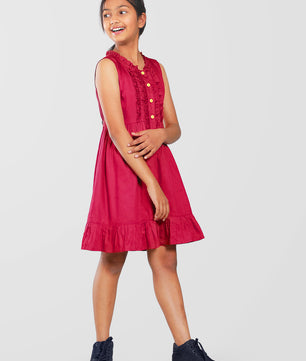 Girls Cotton Satin Dress in Wine Color