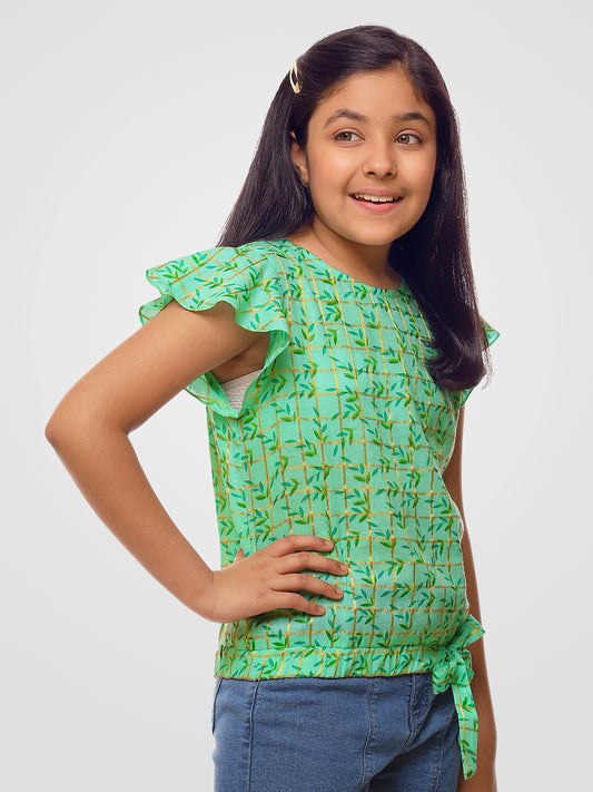 Girls Sea Green Printed Cotton