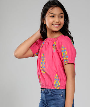 Girls Pink Printed Cotton Top