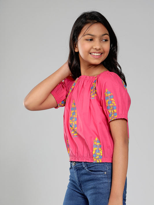 Girls Pink Printed Cotton Top