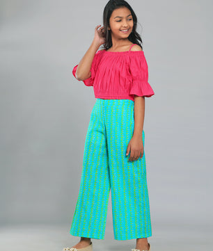 Girls Pink and Green Cotton Top & Palazzo Set