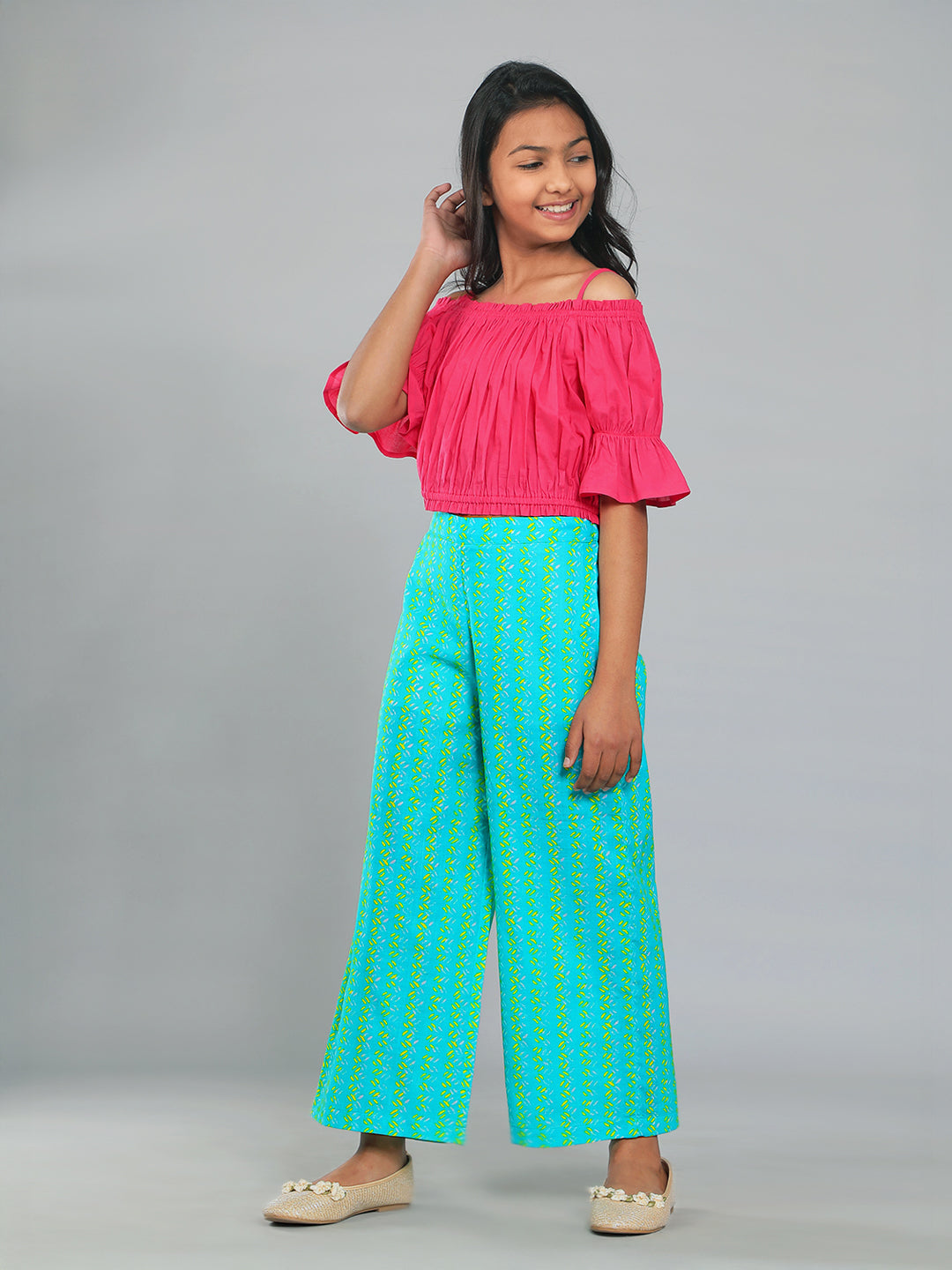 Girls Pink and Green Cotton Top & Palazzo Set