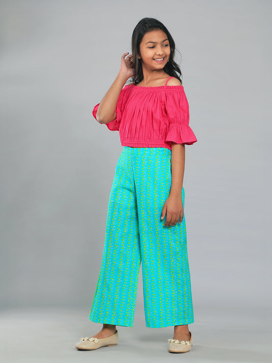 Girls Pink and Green Cotton Top & Palazzo Set