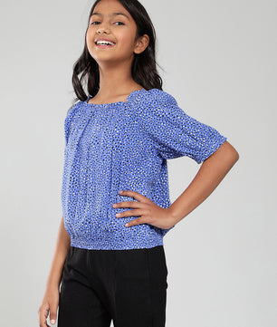 Girls Blue Printed Rayon Top