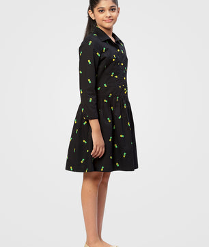 Girls Shirt Style Long Sleeves Dress in Cotton