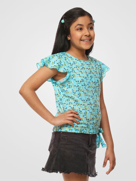 Girls Blue Printed Cotton Top