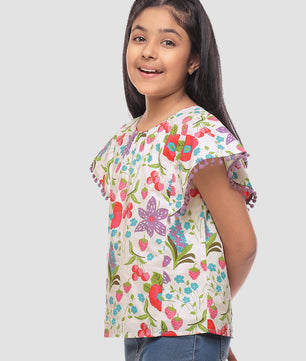 Girls Floral Print Cotton Top