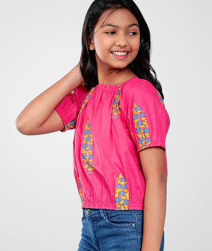 Girls Pink Printed Cotton Top