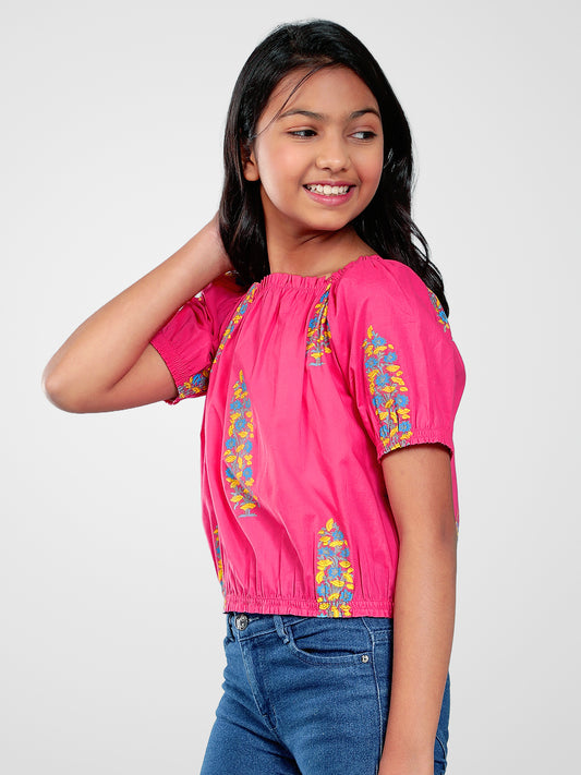 Girls Pink Printed Cotton Top
