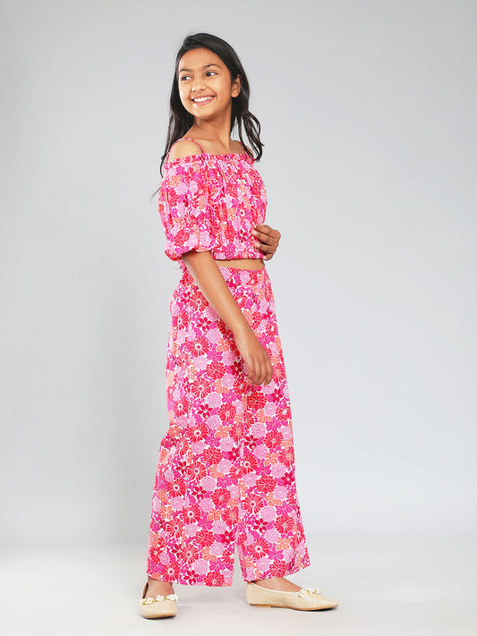 Girls Multicolored Printed Cotton Top and Palazzo Set