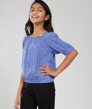 Girls Blue Printed Rayon Top