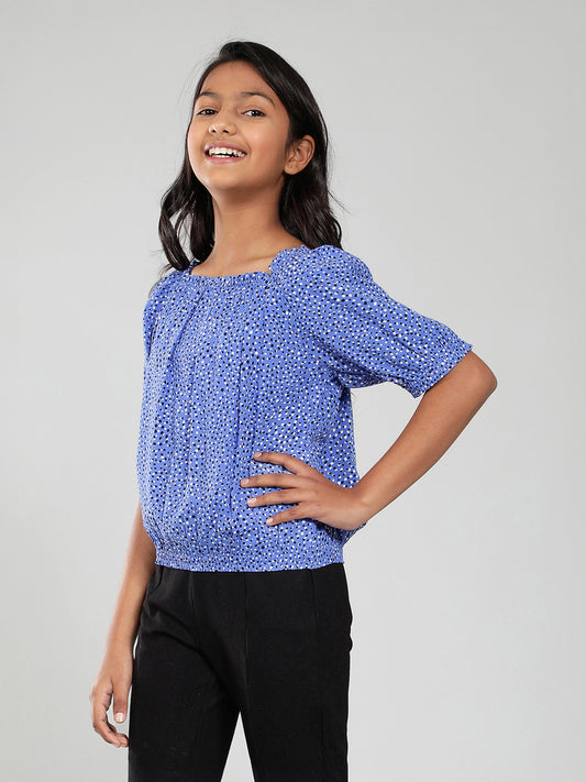 Girls Blue Printed Rayon Top