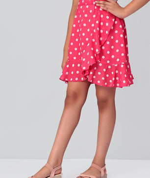 Girls Pink Polka Dotted Georgette Skirt