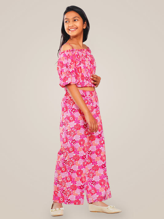 Girls Multicolored Printed Cotton Top and Palazzo Set