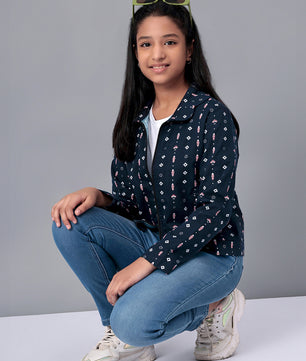 Girls Navy Blue Printed Flannel Jacket