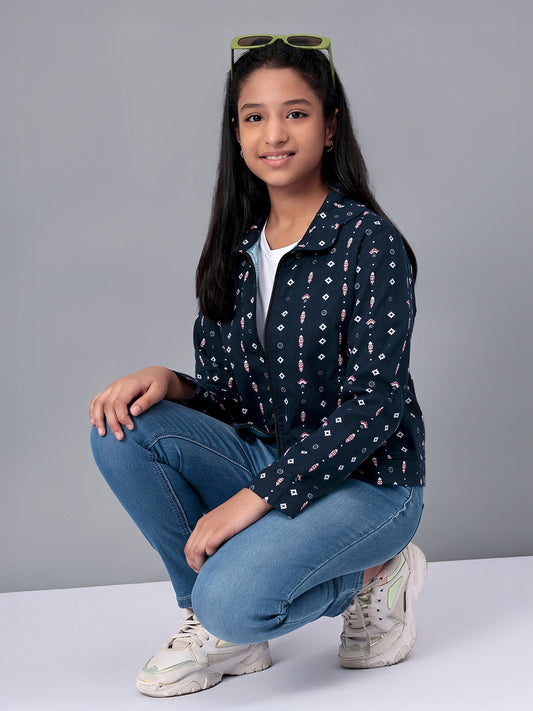 Girls Navy Blue Printed Flannel Jacket