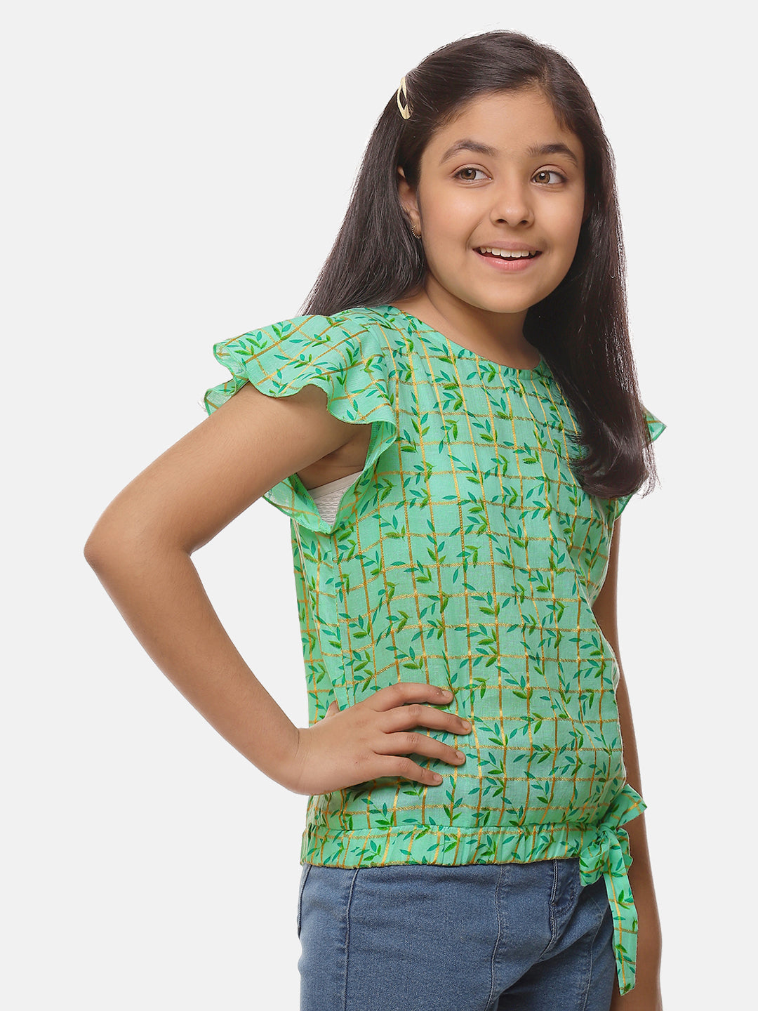 Girls Sea Green Printed Cotton