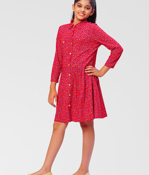 Girls Shirt Style Long Sleeves Dress in Rayon