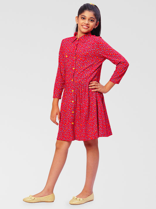 Girls Shirt Style Long Sleeves Dress in Rayon